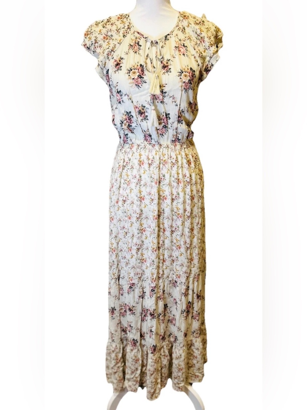 Lovestitch Cream Floral Gauze Maxi Dress L Tiered Smocked Flutter Sleeve Boho